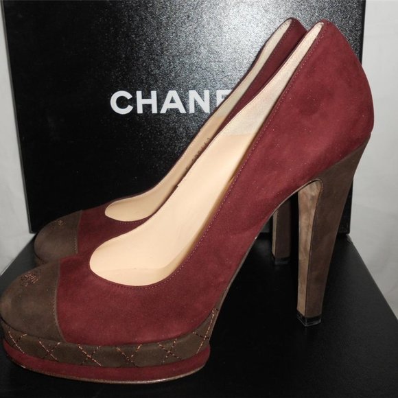 CHANEL 12A Two Tone Suede Cap Toe Quilted Platform Pumps Heels Shoes - Picture 6 of 9